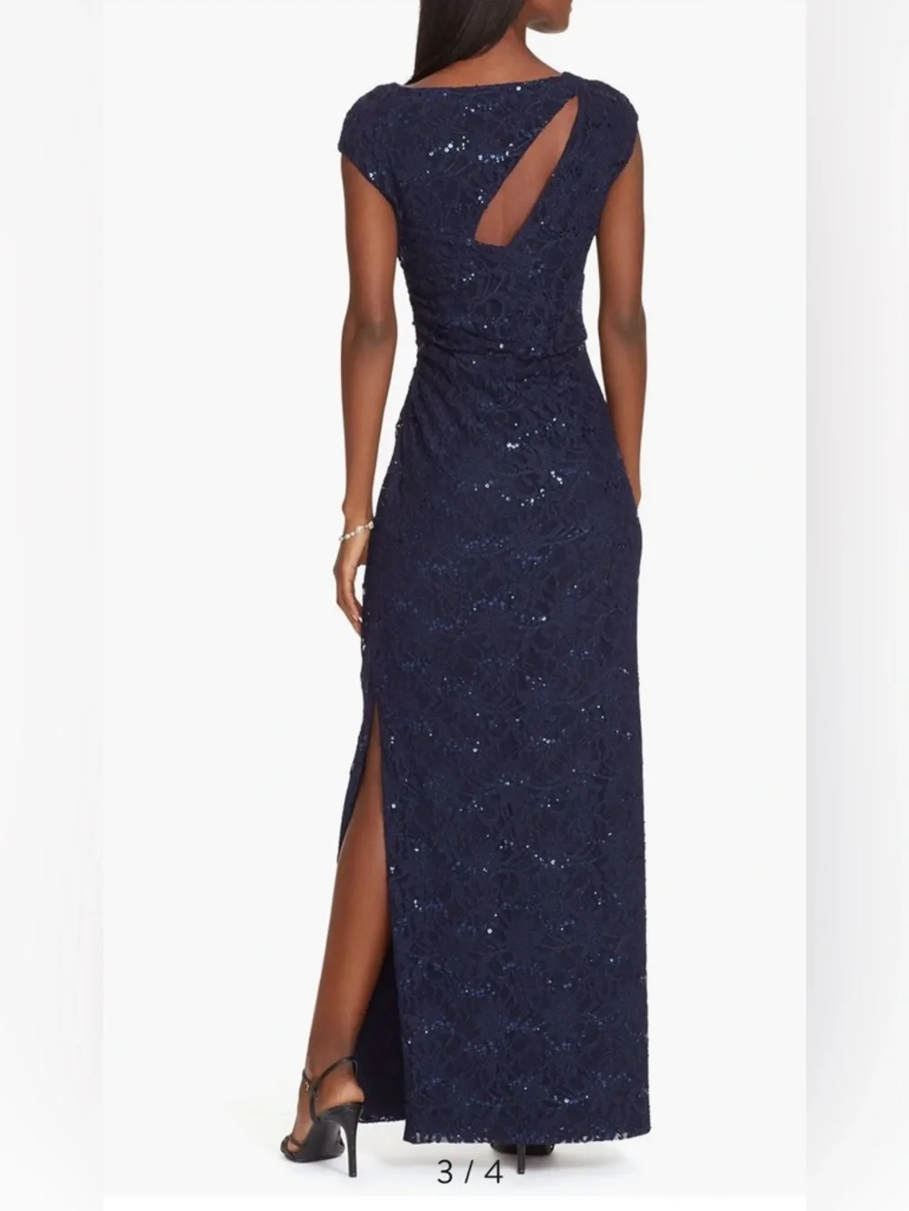 Lauren Ralph Lauren Navy Lace Sequin Gown Maxi Dress Size 14 Elegant - Picture 3 of 13